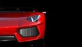 Red sports car, front end and headlights of a sport automobile, race car isolated on black background, 3D render