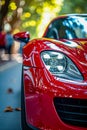 Red sports car has its headlights on reflecting off the shiny wet road. Generative AI Royalty Free Stock Photo