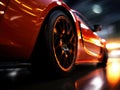 Red sports car in motion, focus on the wheel with clearly visible parts and rim. Lighting and blur emphasize the effect Royalty Free Stock Photo