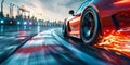 A red sports car is speeding down a wet track. Generative AI Royalty Free Stock Photo