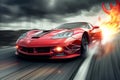 A red sports car speeds around a track as a blazing fireball illuminates the background, A red sport car with flames painted on