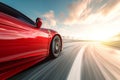 A red sports car speeds down the highway, showcasing its sleek design and powerful engine, A sport car racing at high speed on a