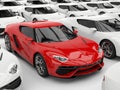 Red sports car stands out amongst white cars - closeup shot