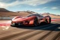 A red sports car zooming around a race track, showcasing speed, adrenaline, and high-performance driving, A modern electric sports Royalty Free Stock Photo