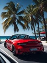 Red sports convertible on the background of the sea and palm trees. Unique image. AI