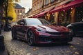 Red sports super concept car on the street of a European city, street racing on expensive exclusive luxury auto, AI Generated Royalty Free Stock Photo