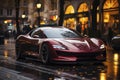 Red sports super concept car on the street of a European city, street racing on expensive exclusive luxury auto, AI Generated Royalty Free Stock Photo