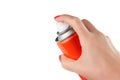 Red spray can isolated on white background on woman hand Royalty Free Stock Photo