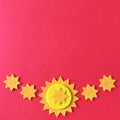 Bright Red Background Yellow Felt Stars Flat Lay