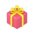 Red square box gift 3d icon. Volumetric surprise with yellow ribbon and bow Royalty Free Stock Photo