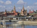 The Red Square Ensemble: Spasskaya clock tower, St. Bazil Cathedral and the twin spires of the Historical Museum