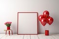 Red square frame mockup in modern interior background, 3d render, mock up poster in interior background with red balloons, AI Royalty Free Stock Photo