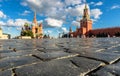 Red Square with Kremlin in summer, Moscow, Russia. Old cobblestones of main Moscow square close-up for background