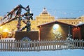 Red Square in Moscow at snowstorm. It's decorated for Christmas and New Year. Royalty Free Stock Photo