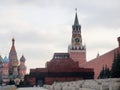 Red square in Moscow. Visible wall and towers of the Kremlin, Lenin Mausoleum and St. Basil's Cathedral Royalty Free Stock Photo