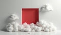 Red square opening in white wall with soft clouds floating around. Empty space for text or product placement. Abstract geometric Royalty Free Stock Photo