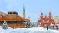 Red Square during snowfall, Moscow, Russia. It is a top tourist attraction of Moscow