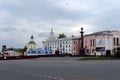 Red Square in the town of Yelets. Stela in honor of conferring the title of `City of Military Glory` Royalty Free Stock Photo