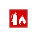 Red square wall sign with silhouette of fire extinguisher and flame. Colorful flat vector design Royalty Free Stock Photo