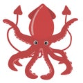 A red squid with 8 arms and 2 tentacles . Cartoon illustration. Isolated. Cute drawing. Sea creature.