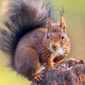 Red squirrel attentive on tree trunk