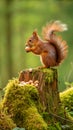 Red squirrel eating nuts on mossy stump image Royalty Free Stock Photo