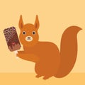 Red squirrel with chocolate ice cream, ice lolly Kawaii with pink cheeks and winking eyes, pastel colors on light orange golden ba Royalty Free Stock Photo