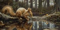 Red squirrel drinking water from pond in forest, with reflection on the surface of water Royalty Free Stock Photo
