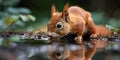Red squirrel drinking water from pond in forest, with reflection on the surface of water Royalty Free Stock Photo