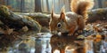 Red squirrel drinking water from pond in forest, with reflection on the surface of water Royalty Free Stock Photo