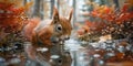 Red squirrel drinking water from pond in forest, with reflection on the surface of water Royalty Free Stock Photo