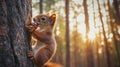 Squirrel Eating Nut in Forest, Autumnal Sunset, Nature and Wildlife Royalty Free Stock Photo