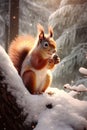 Red squirrel eating pine cone in winter forest in snowfall. Beautiful cinematic light, blurred trees in the background. Royalty Free Stock Photo