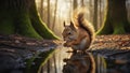 A Red Squirrel Foraging for Food in the Forest Near a Puddle Reflection Royalty Free Stock Photo