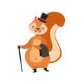 Red Squirrel In Gentleman Outfit Humanized Cartoon Cute Forest Animal Character Childish Illustration