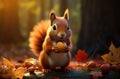 red squirrel holding an apple eating autumn leaves Royalty Free Stock Photo