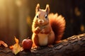red squirrel holding an apple eating autumn leaves Royalty Free Stock Photo
