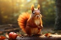 red squirrel holding an apple eating autumn leaves Royalty Free Stock Photo