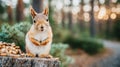 Red squirrel holding paws, sitting on a tree stump next to nuts, looking directly at the camera in a natural forest environment Royalty Free Stock Photo