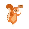 Red Squirrel Holding Wooden Sign With Acorn Drawing Humanized Cartoon Cute Forest Animal Character Childish Illustration Royalty Free Stock Photo