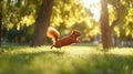 Red squirrel leaping, park sunset, grass, nature Royalty Free Stock Photo