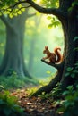 A red squirrel perched on a branch, basking in the soft light of a sun-dappled forest, amidst lush greenery and mossy tree roots. Royalty Free Stock Photo