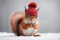 Red squirrel in a red knitted hat with gray snowy background.