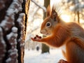 Red squirrel Sciurus vulgaris in park, on winter