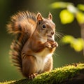 A red squirrel (Sciurus vulgaris) is perched on a moss-covered branch, holding an aco Royalty Free Stock Photo