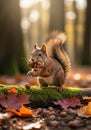 A red squirrel (Sciurus vulgaris) is perched on a moss-covered log in a forest, crammin Royalty Free Stock Photo