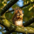 A red squirrel (Sciurus vulgaris) sits perched on a moss-covered tree branch, holding Royalty Free Stock Photo