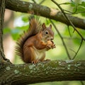 A red squirrel (*Sciurus vulgaris*) sits on a tree branch, holding a nut in its paws. The Royalty Free Stock Photo