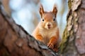 Red squirrel sitting on a branch in the forest