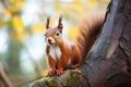 Red squirrel sitting on a branch in the forest